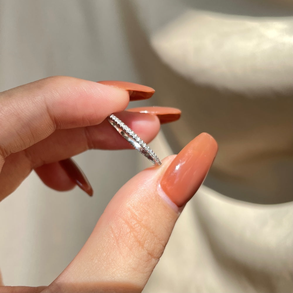 Silver Zircon Round Cut Thin Wrapped Inlaid Eternity Ring