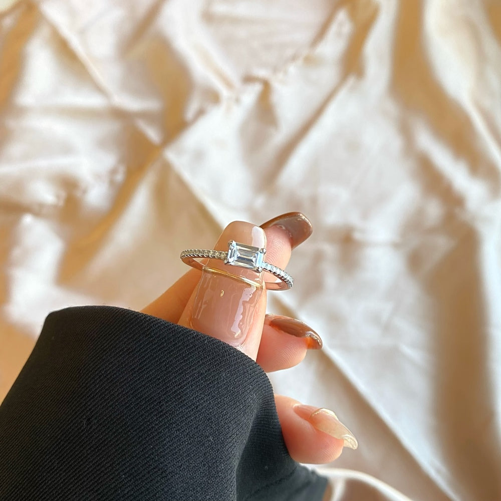 Silver Zircon Emerald Cut Sided Solitaire Ring