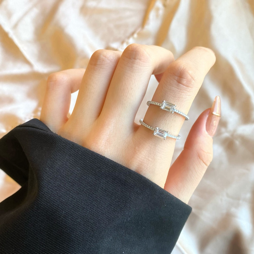 Silver Zircon Emerald Cut Sided Solitaire Ring