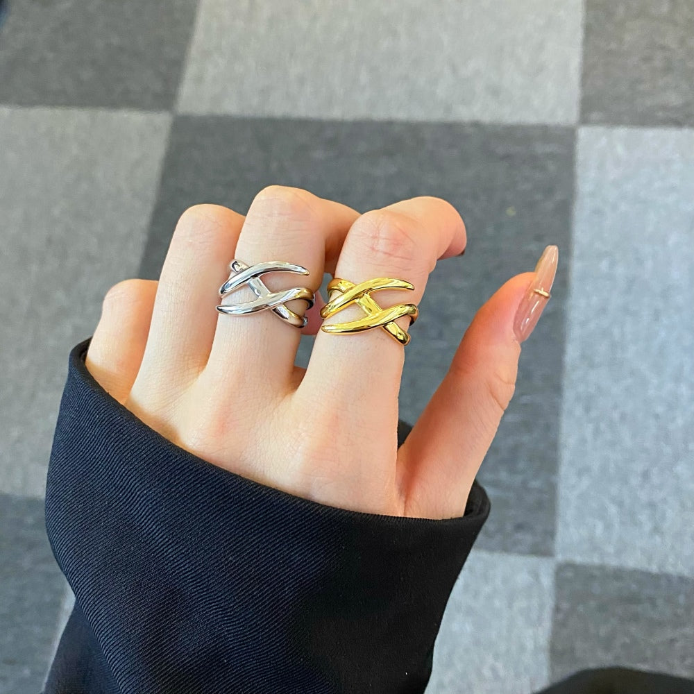Silver Multi Layer Crossover Ring