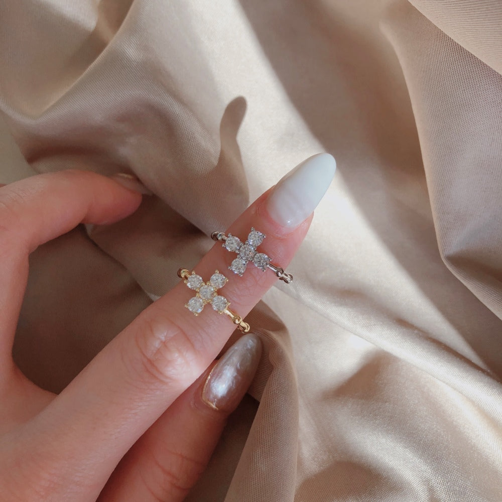 Silver Zircon Round Cut Open Cross Dainty Ring
