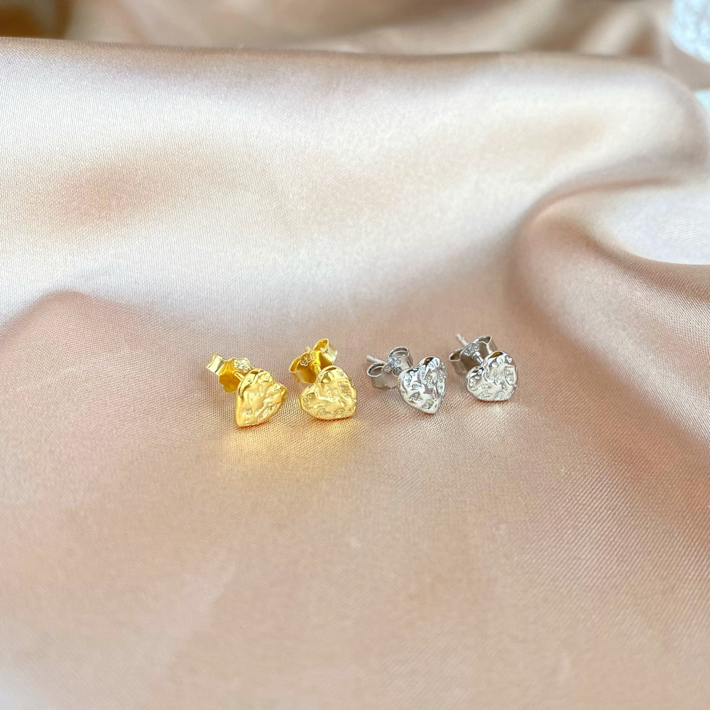 Silver Crushed Heart Ear Studs