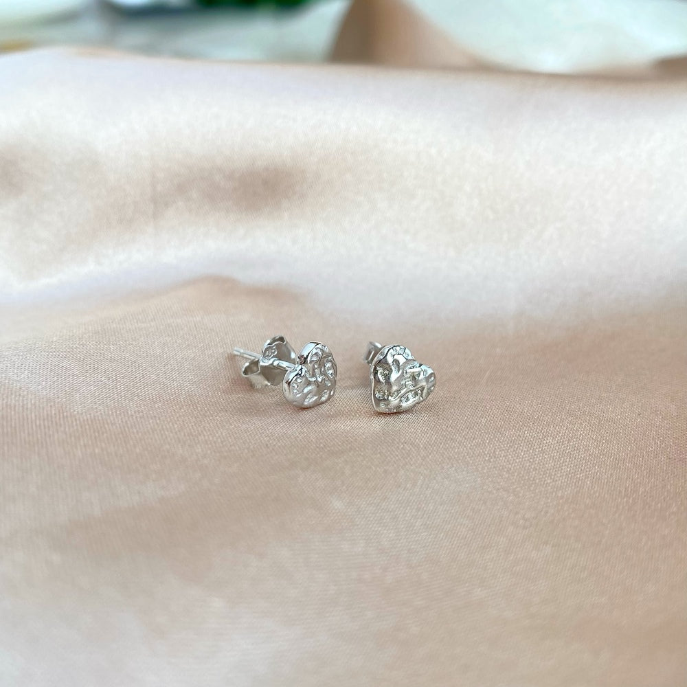 Silver Crushed Heart Ear Studs