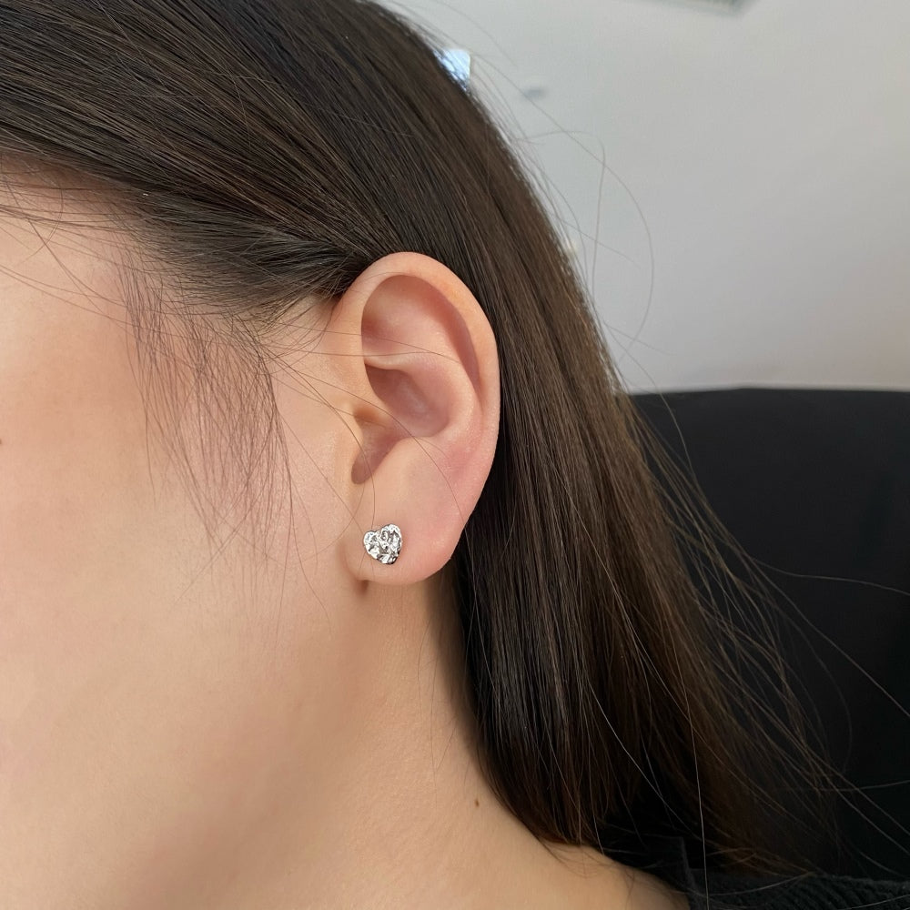 Silver Crushed Heart Ear Studs