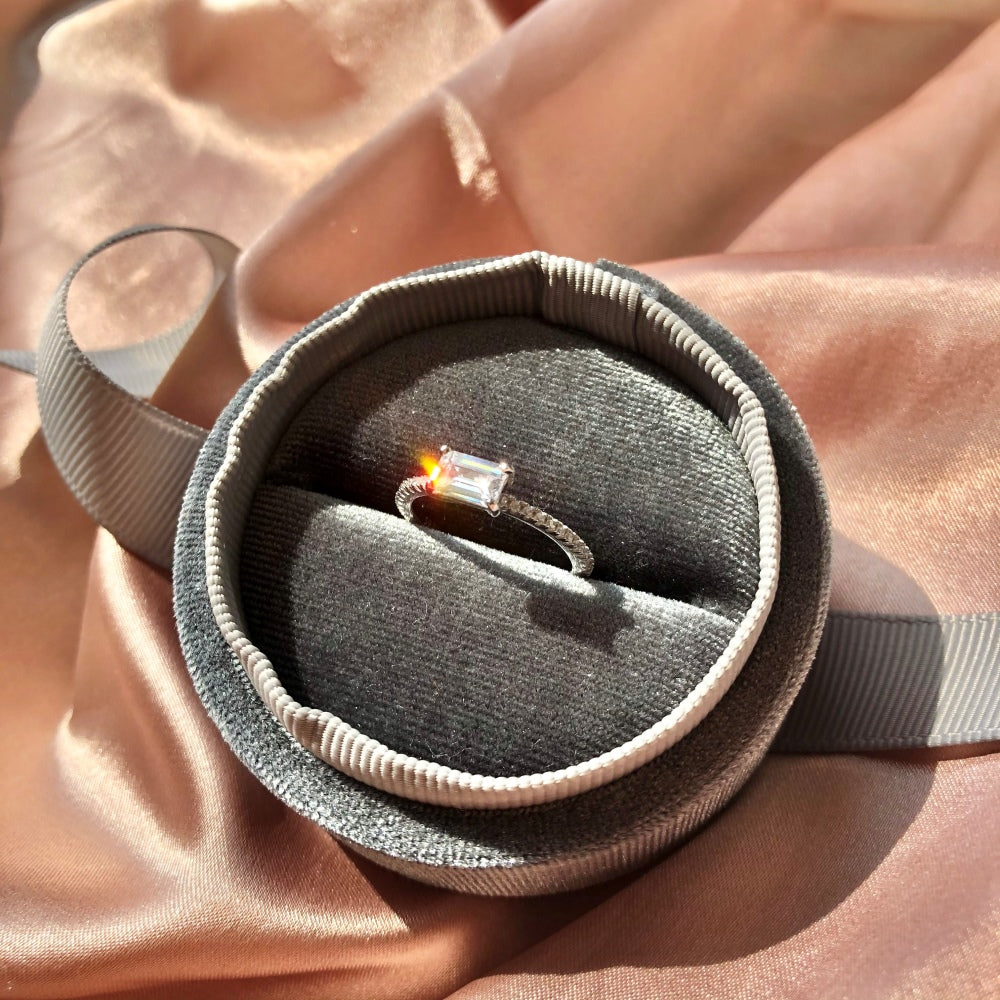 Silver Zircon Emerald Cut Sided Solitaire Ring