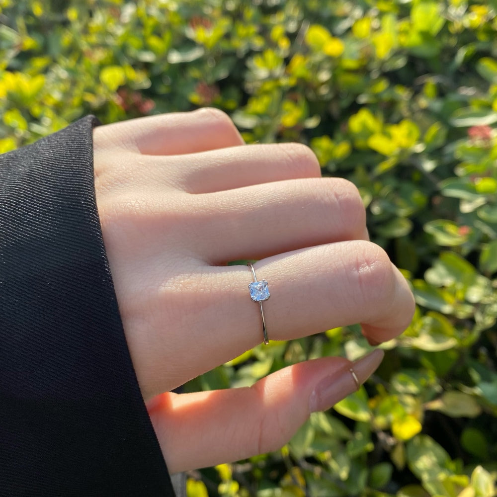 Silver Zircon Cushion Square Cut Simple Solitaire Ring