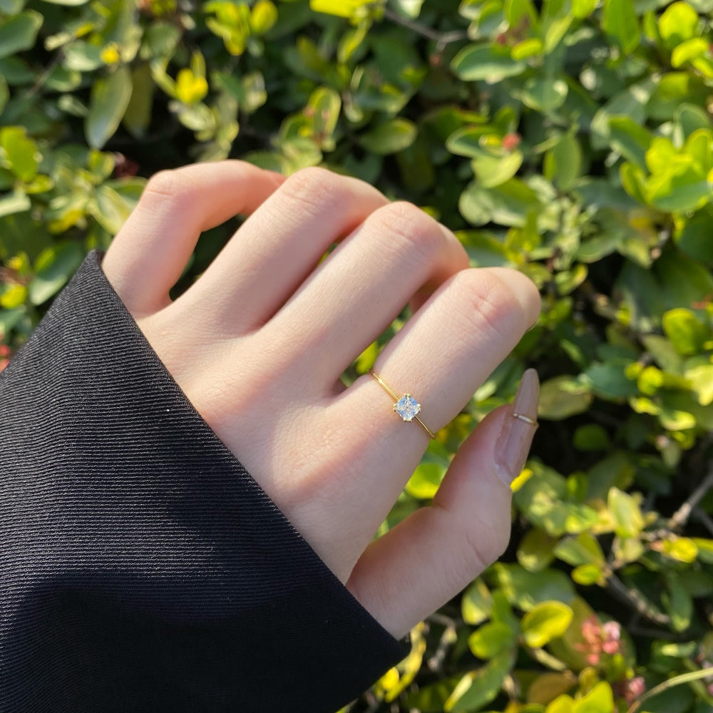 Silver Zircon Cushion Square Cut Simple Solitaire Ring