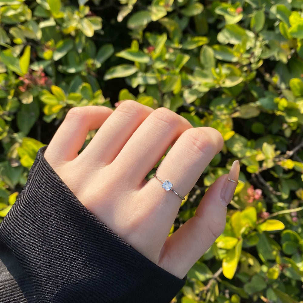 Silver Zircon Cushion Square Cut Simple Solitaire Ring