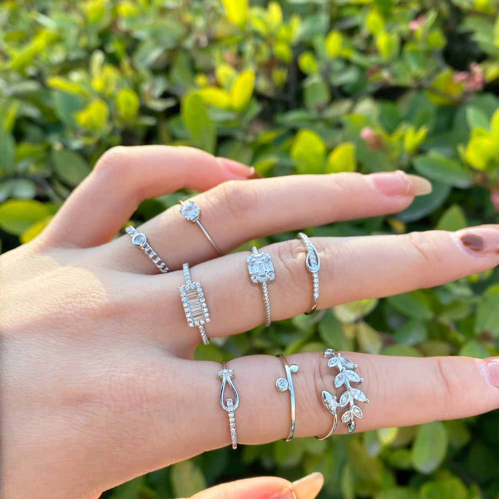 Silver Zircon Round Cut Thin Multi Dots Dainty Ring