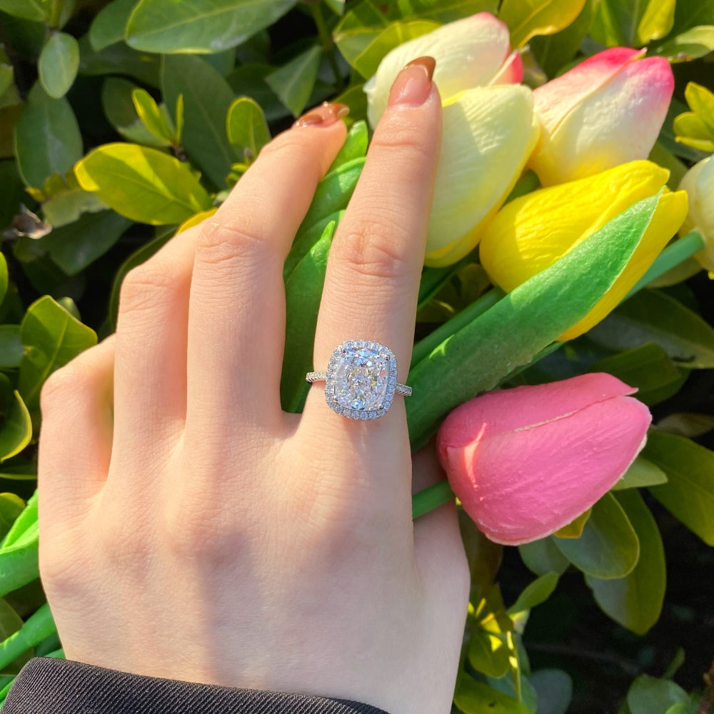 Silver Zircon Radiant Cut Framed Halo Ring