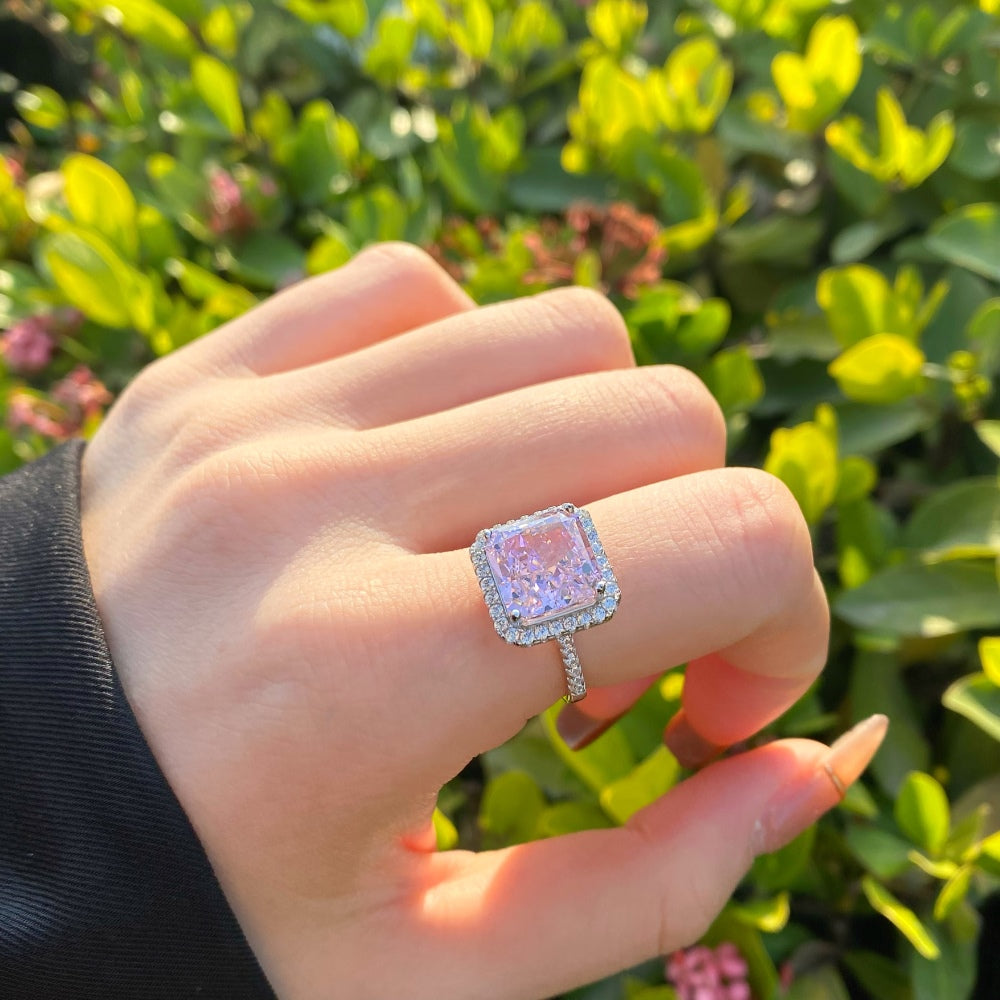 Silver Zircon Radiant Square Cut Inlaid Halo Ring