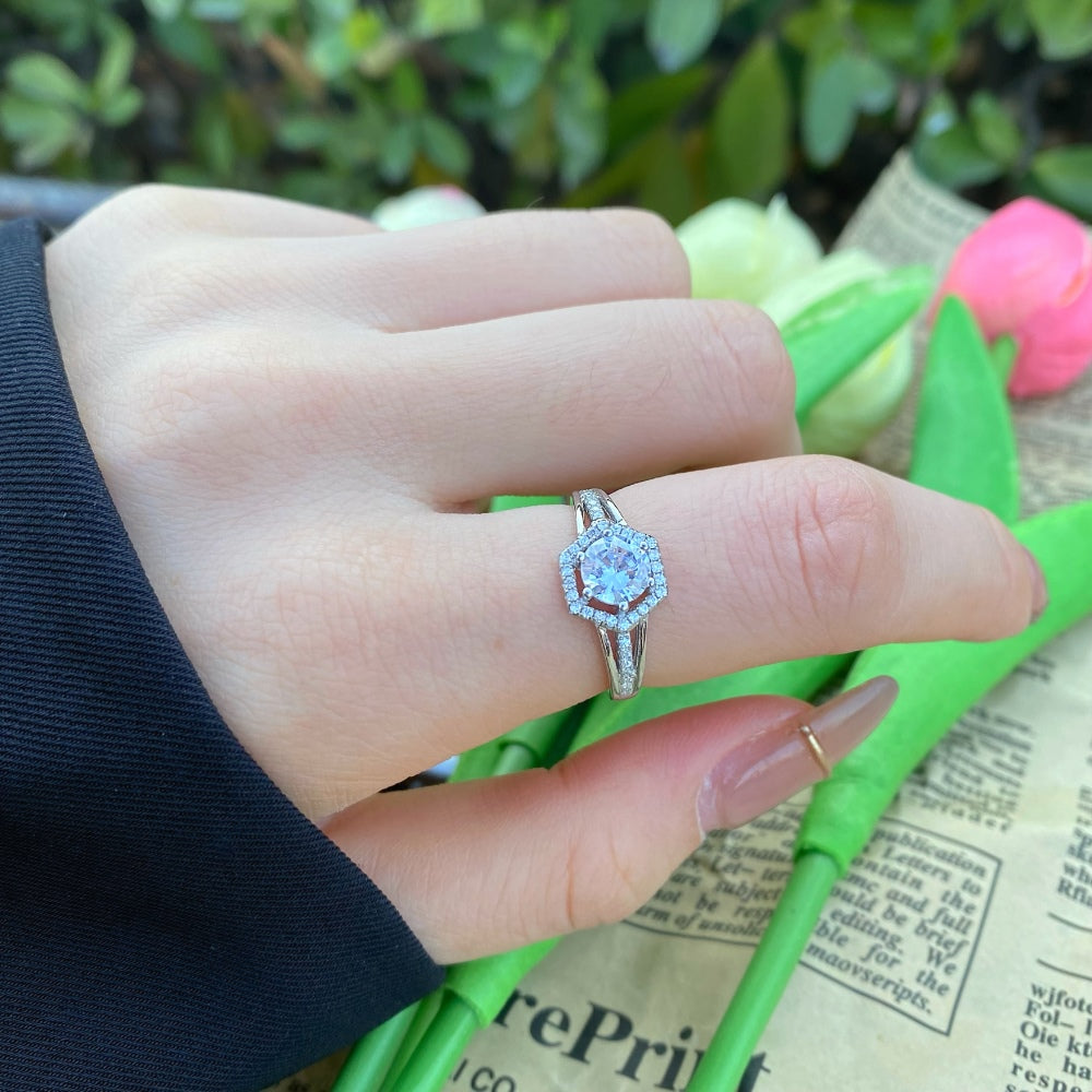 Silver Zircon Round Cut Multi Layer Hexagon Halo Ring