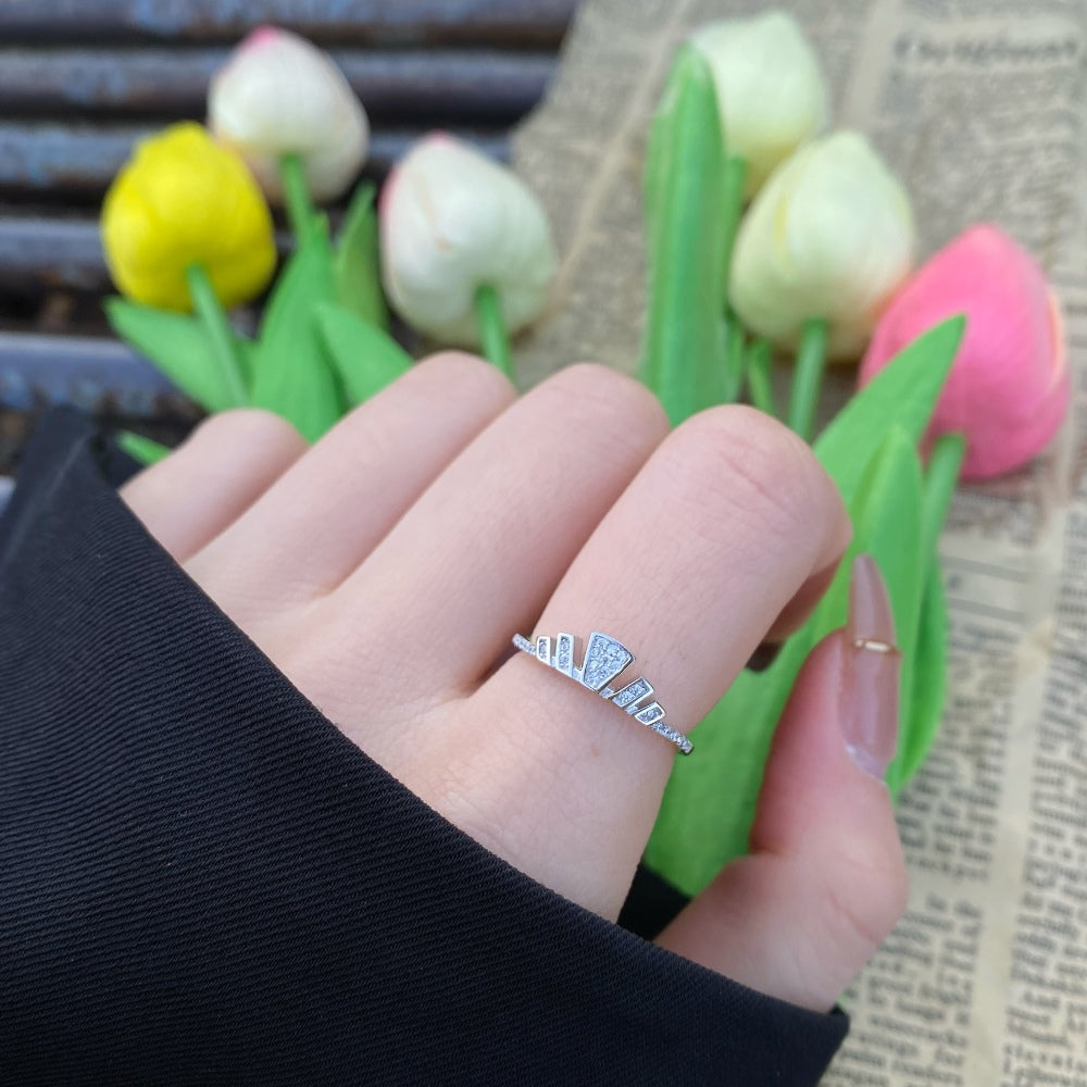 Silver Zircon Round Cut Thin Inlaid Crown Dainty Ring