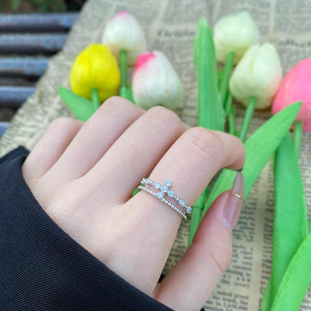 Silver Zircon Round Cut Double Layer Crown Dainty Ring