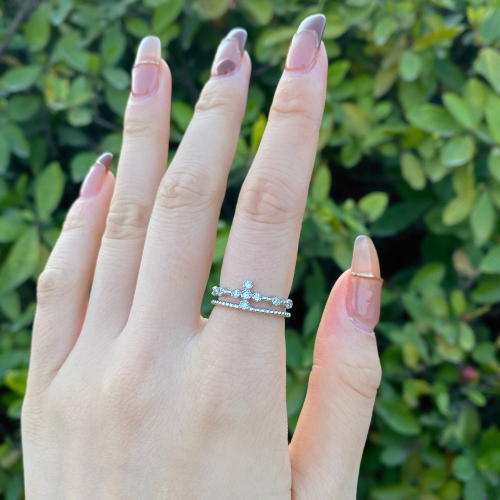 Silver Zircon Round Cut Double Layer Crown Dainty Ring