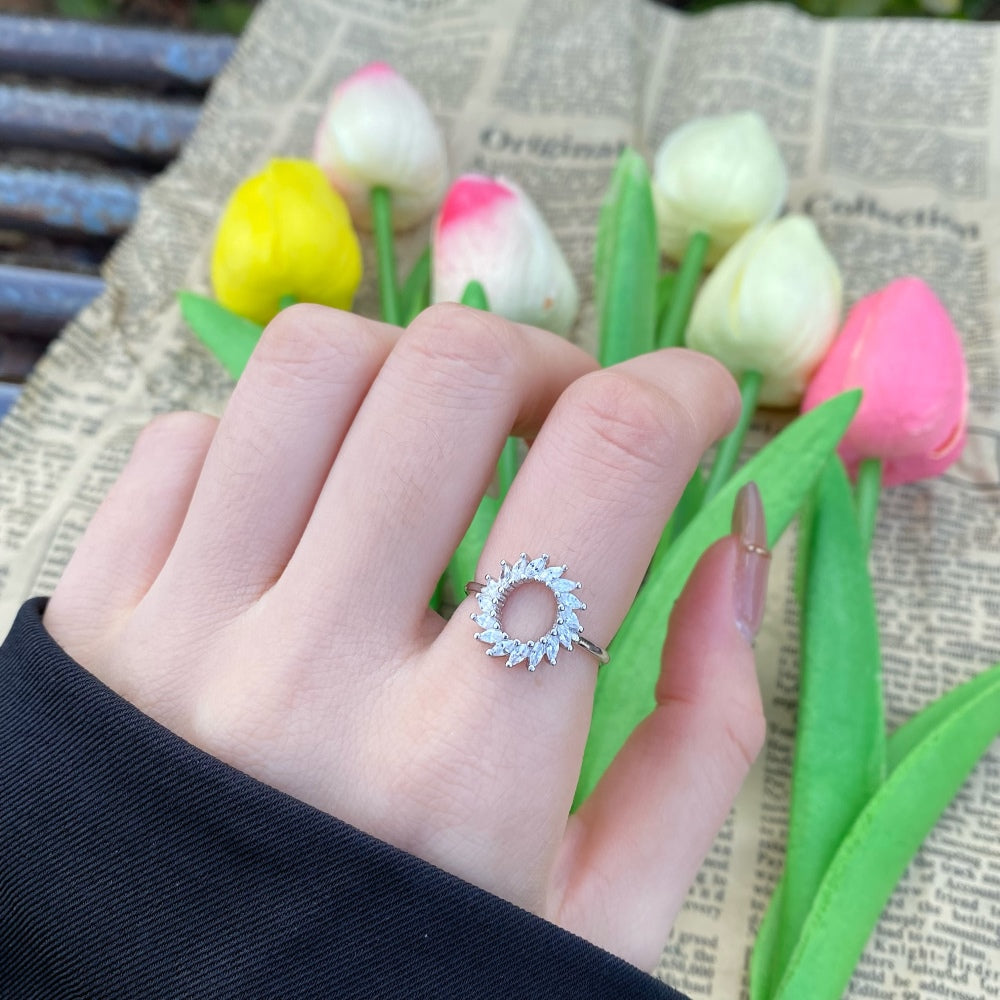 Silver Zircon Marquise Cut Halo Sunflower Dainty Ring