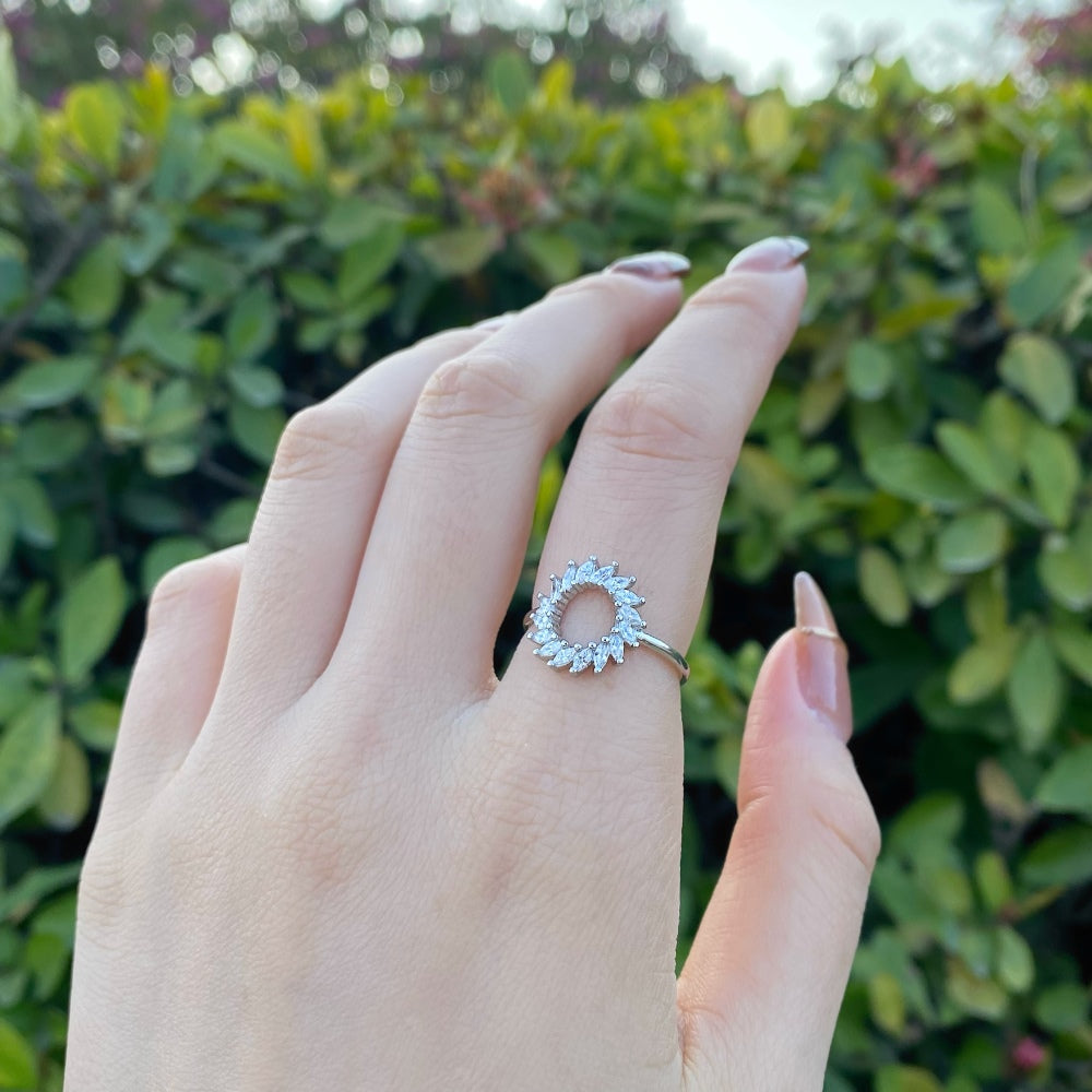 Silver Zircon Marquise Cut Halo Sunflower Dainty Ring