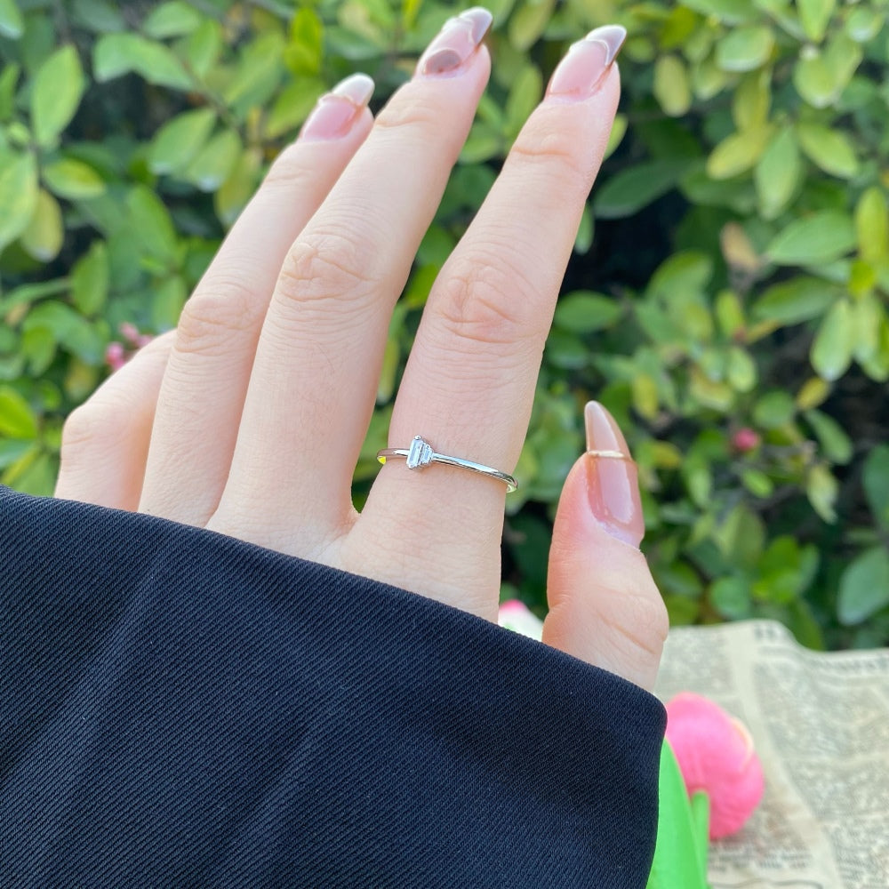 Silver Zircon Baguette Cut Thin Squared Dainty Ring