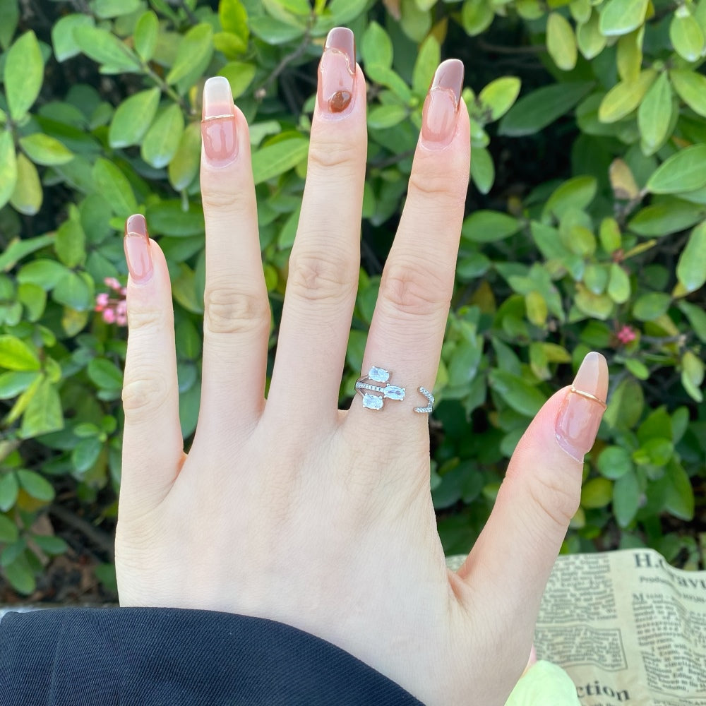 Silver Zircon Oval Cut Inlaid Open Multi Layer Bypass Ring