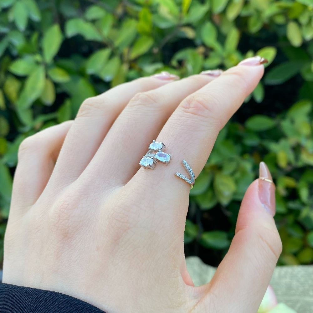 Silver Zircon Oval Cut Inlaid Open Multi Layer Bypass Ring