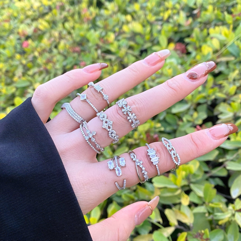 Silver Zircon Round Cut Vintage Inlaid Dainty Ring