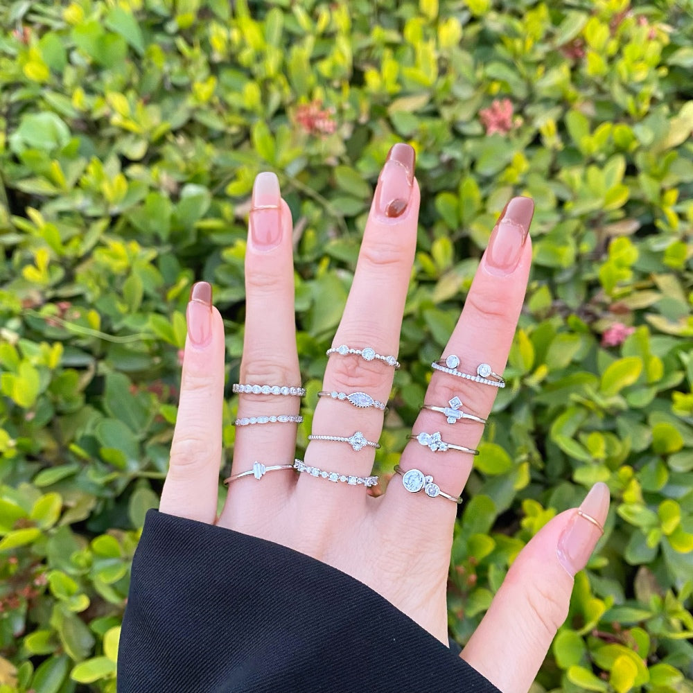 Silver Zircon Round Cut Inlaid Open Multi Layer Dainty Ring