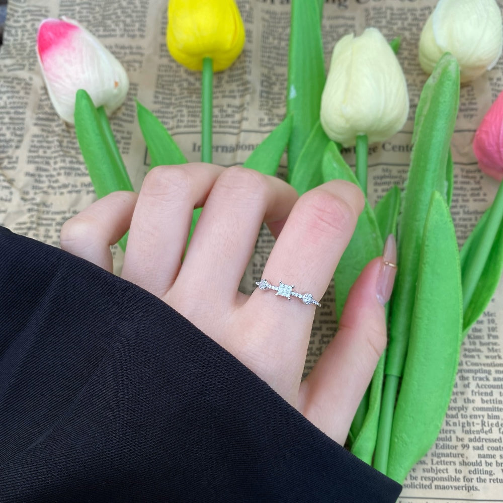 Silver Zircon Round Cut Squared Inlaid Dainty Ring