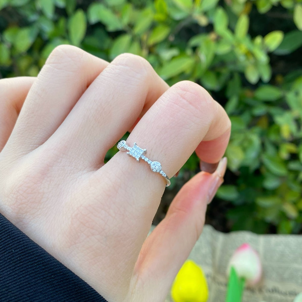 Silver Zircon Round Cut Squared Inlaid Dainty Ring