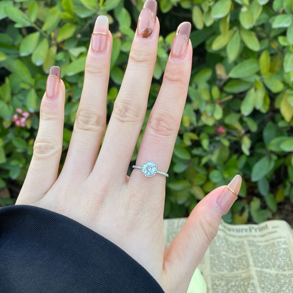 Silver Zircon Round Cut Iced Inlaid Halo Ring