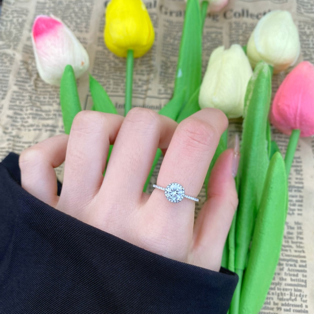 Silver Zircon Round Cut Iced Inlaid Halo Ring