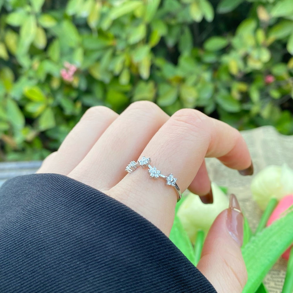 Silver Zircon Round Cut Irregular Flowers Dainty Ring