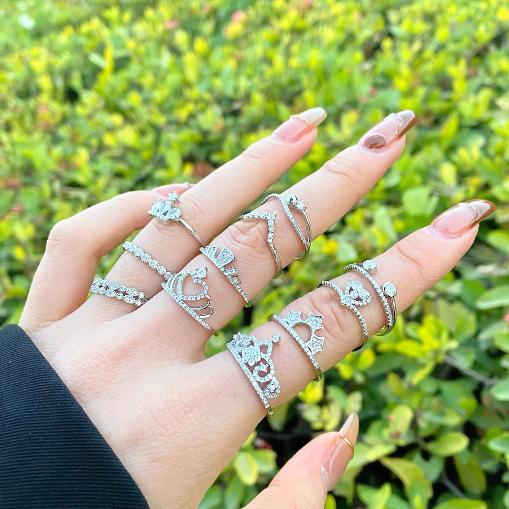 Silver Zircon Pear Cut Inlaid Crown Dainty Ring