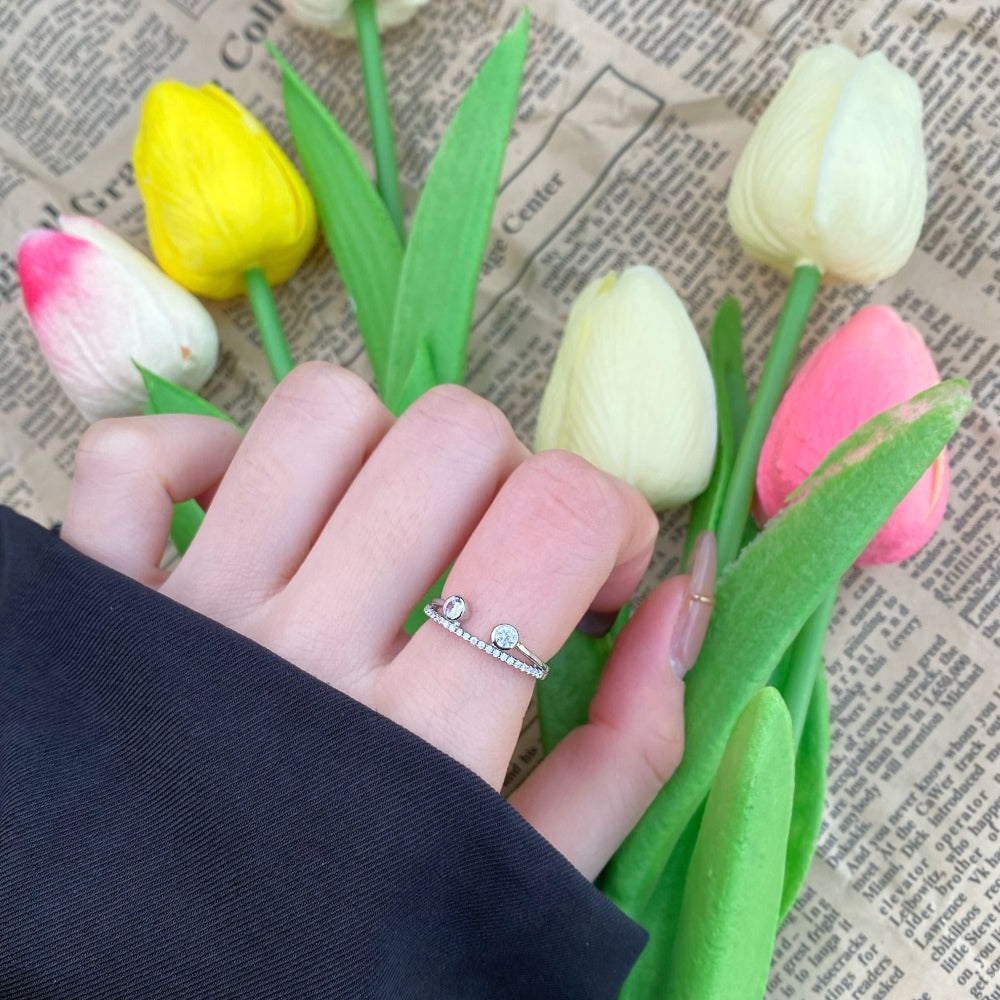 Silver Zircon Round Cut Inlaid Open Multi Layer Dainty Ring