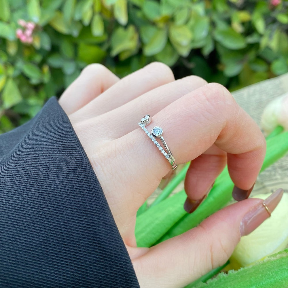 Silver Zircon Round Cut Inlaid Open Multi Layer Dainty Ring