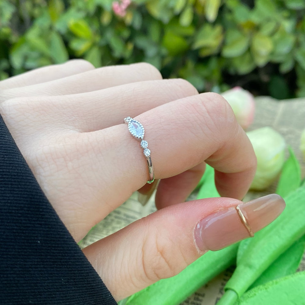 Silver Zircon Marquise Cut Curved Sided Dainty Ring