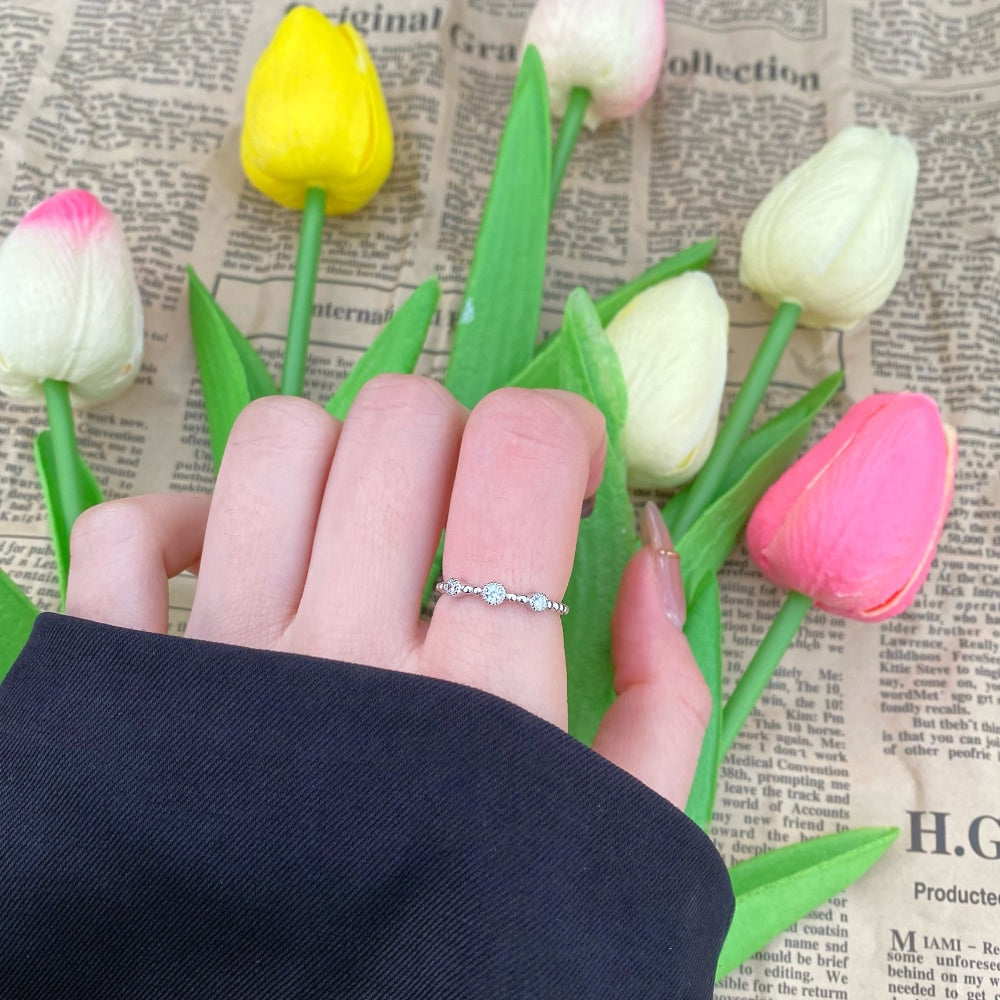 Silver Zircon Round Cut Beaded Dots Dainty Ring