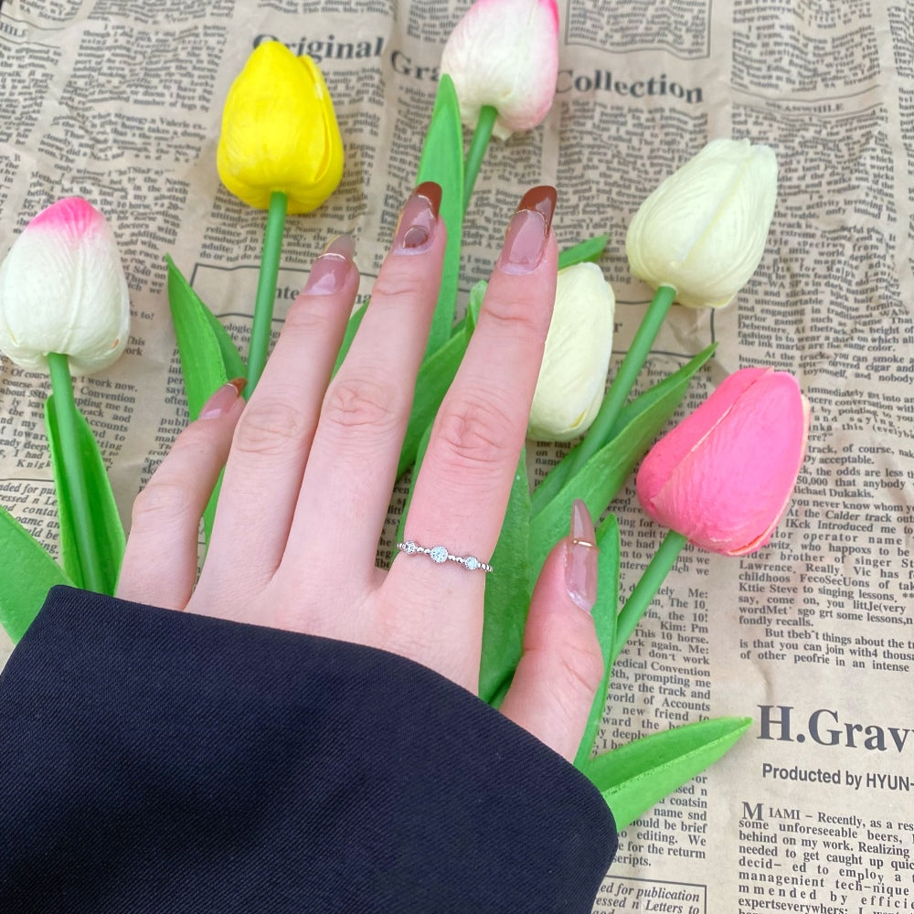 Silver Zircon Round Cut Beaded Dots Dainty Ring