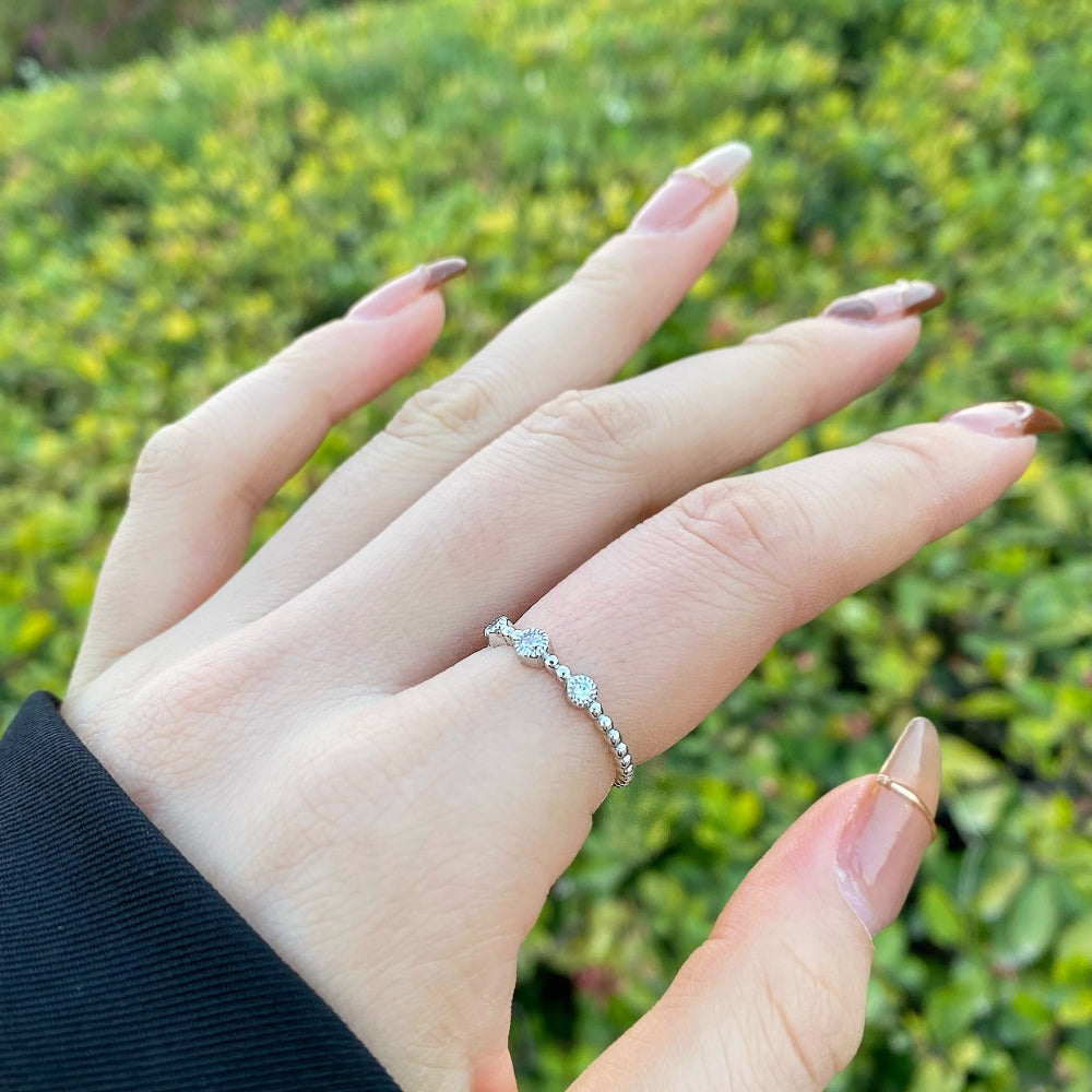 Silver Zircon Round Cut Beaded Dots Dainty Ring