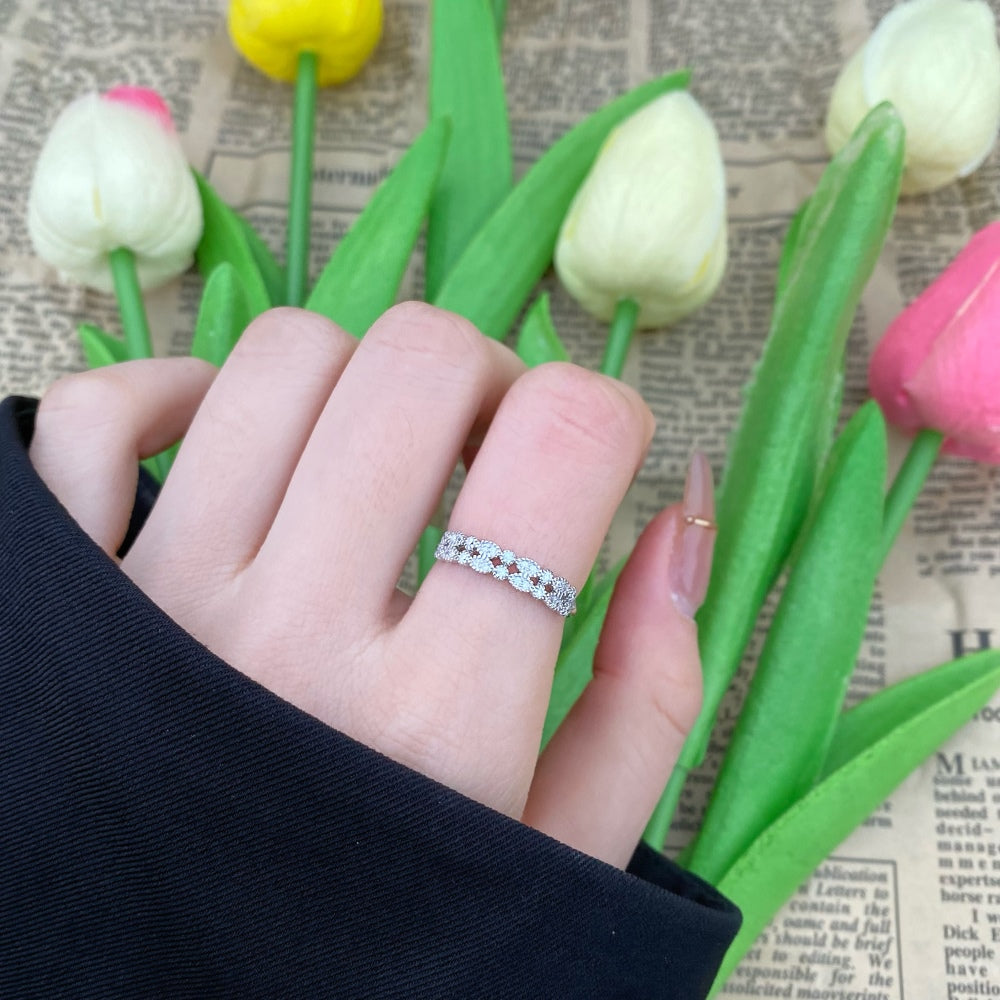 Silver Zircon Round Cut Inlaid Multi Layer Dainty Ring