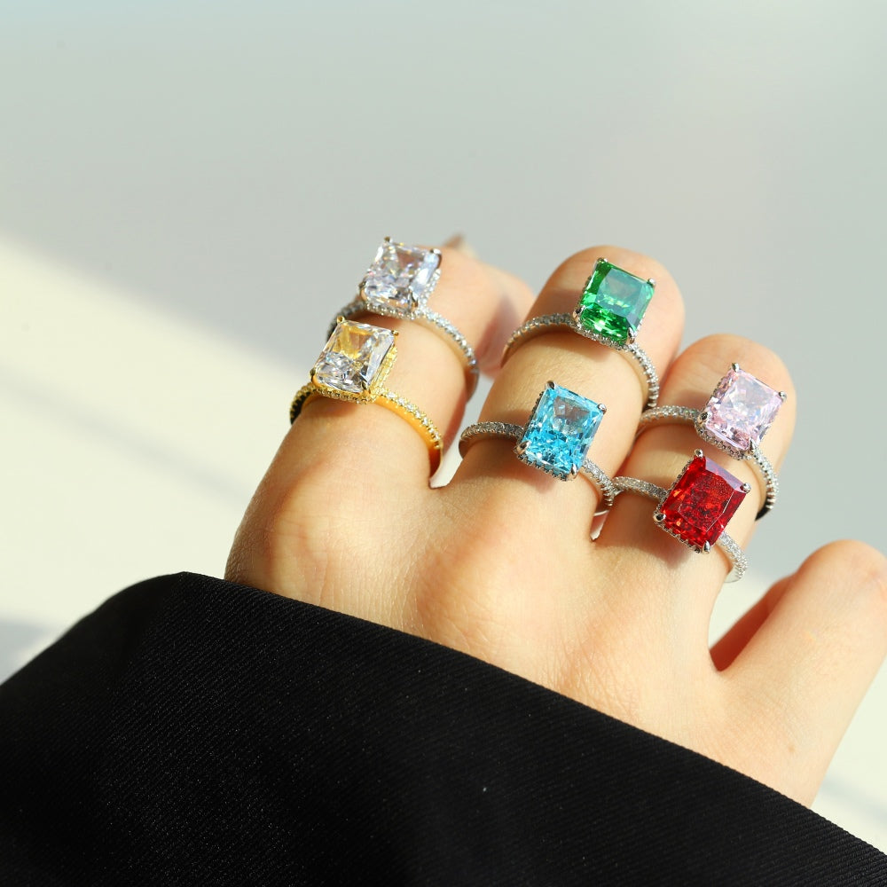 Silver Zircon Radiant Cut Iced Inlaid Solitaire Ring