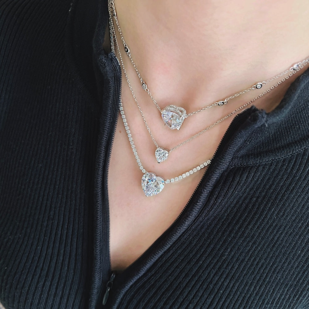 Silver Zircon Heart Cut Love Pendant Necklace