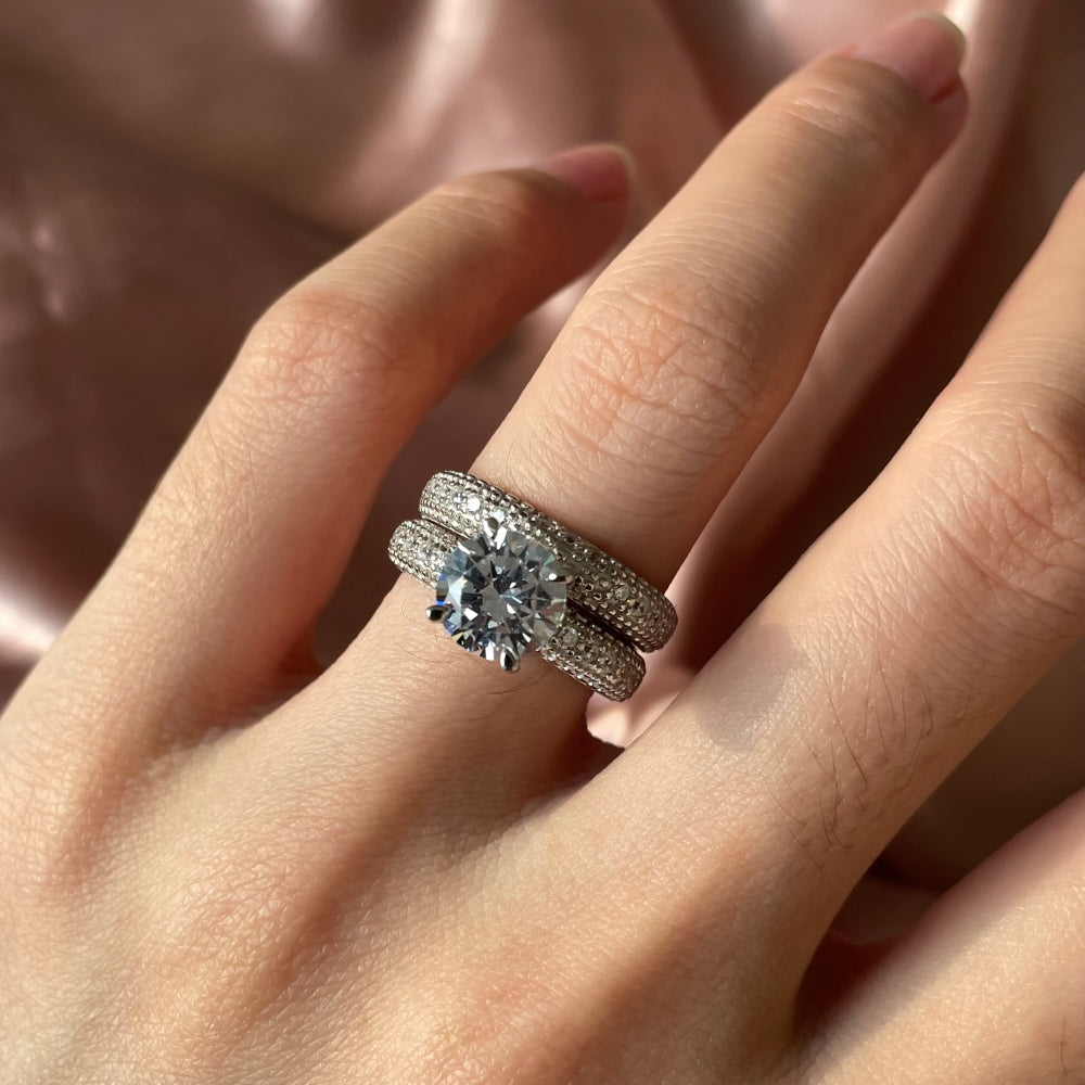 Silver Zircon Round Cut Iced Duel Halo Ring