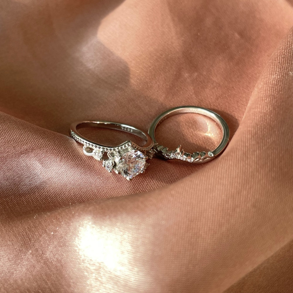 Silver Zircon Round Cut Duel Wedding Ring