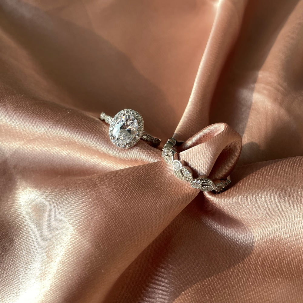 Silver Zircon Oval Cut Duel Halo Ring