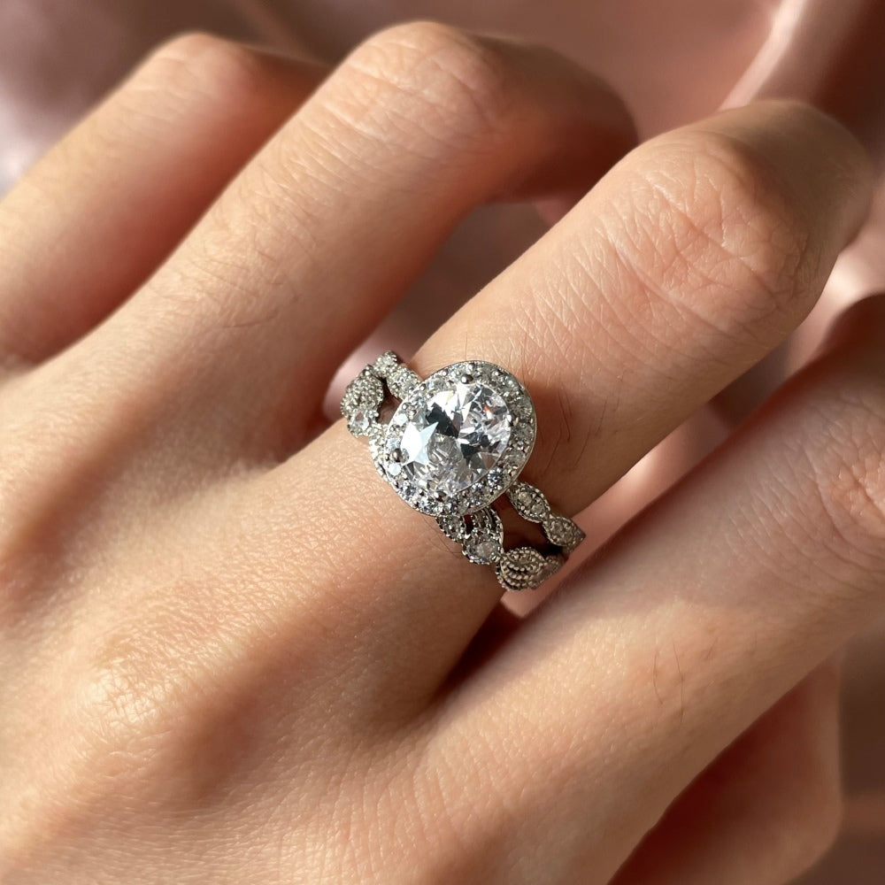 Silver Zircon Oval Cut Duel Halo Ring
