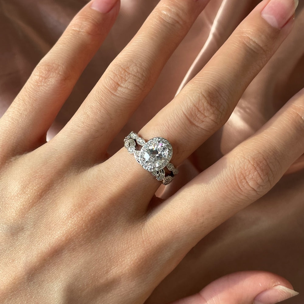 Silver Zircon Oval Cut Duel Halo Ring