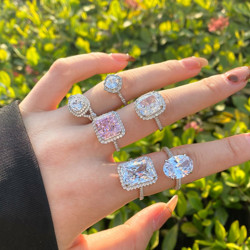 Silver Zircon Cushion Square Cut Iced Flower Halo Ring