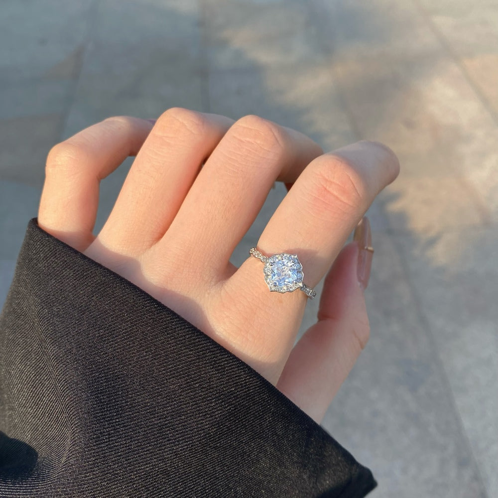 Silver Zircon Cushion Square Cut Iced Flower Halo Ring