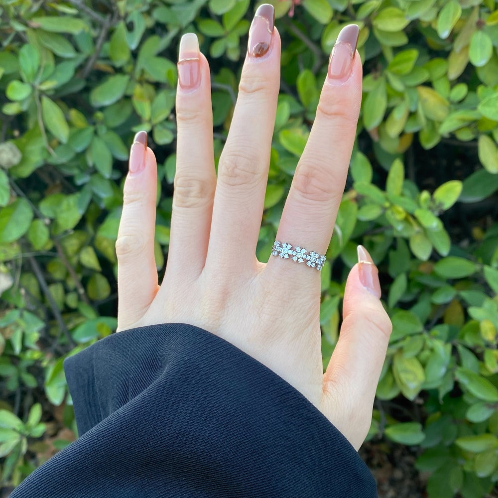 Silver Zircon Round Cut Multi Inlaid Flower Eternity Ring