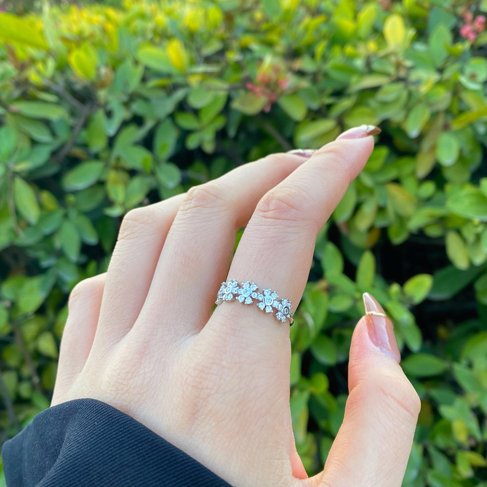 Silver Zircon Round Cut Multi Inlaid Flower Eternity Ring